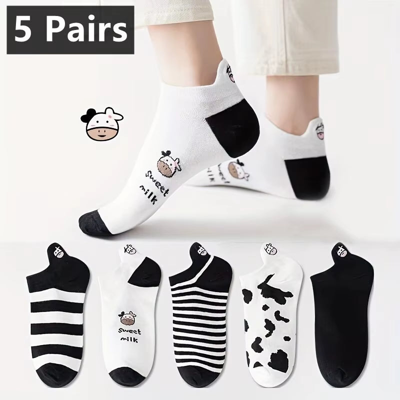 5 Pairs Womens Socks Lovely Cow Pattern Short Socks Creative Printing Socks Ankle Sock