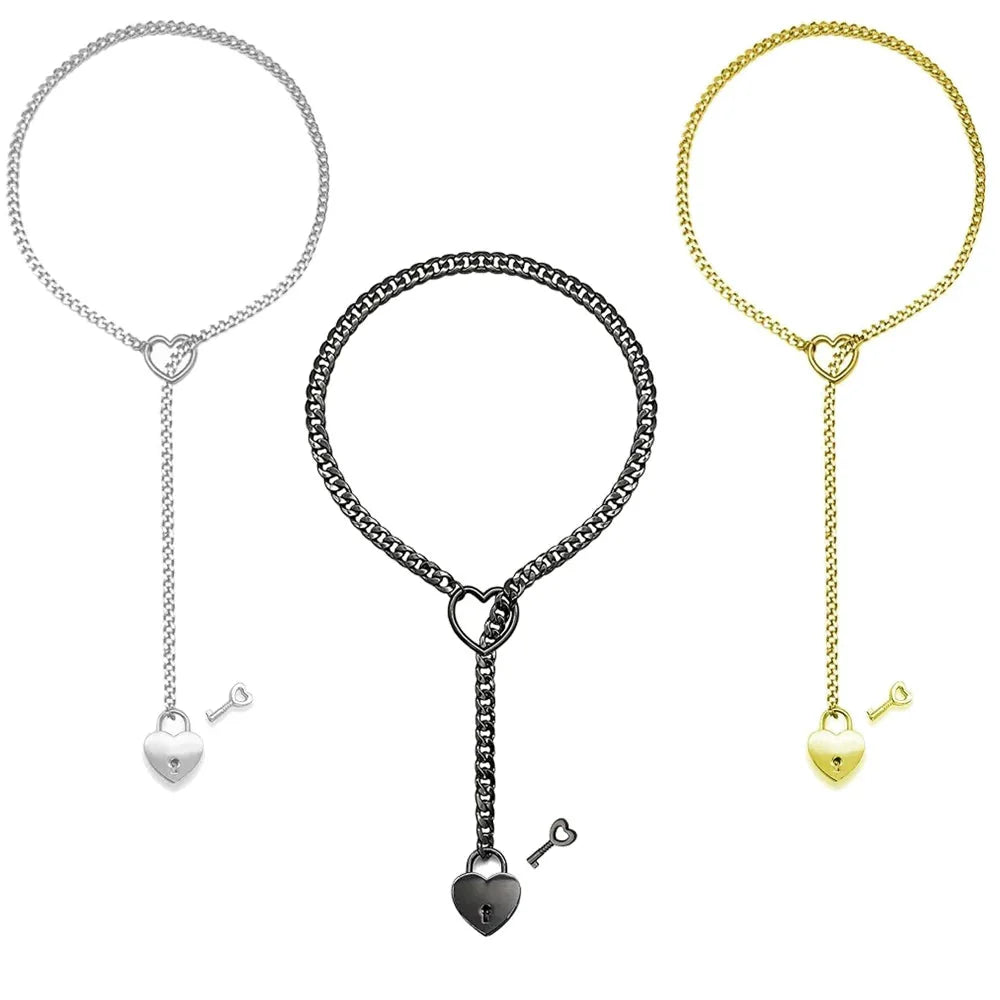 Adjustable Heart O-Ring Punk Rock Cuban Chain Necklace – Lariat Y-Style Necklace with Key & Heart Lock Pendant