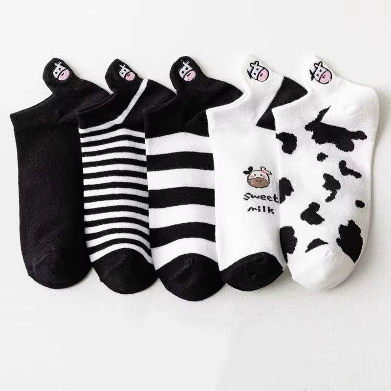 5 Pairs Womens Socks Lovely Cow Pattern Short Socks Creative Printing Socks Ankle Sock