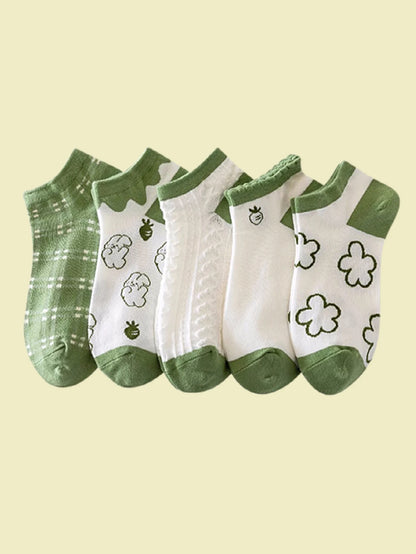 5 Pairs Womens Socks Lovely Cow Pattern Short Socks Creative Printing Socks Ankle Sock