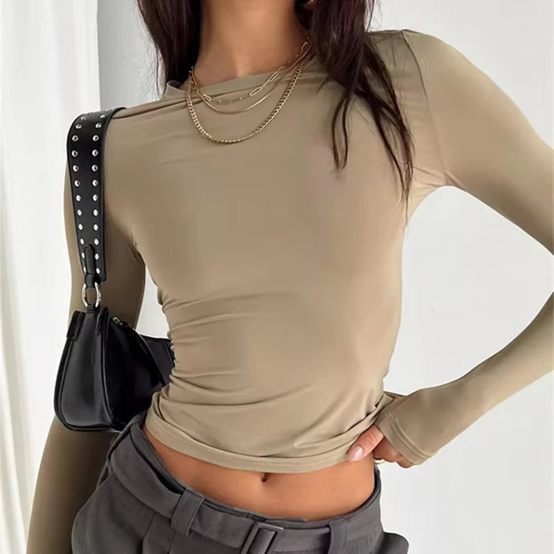 Women Long Sleeve T Shirt Spring Autumn Solid Slim Fit Casual Shirts Female Pullovers Basic Tee Y2K Clothes Streetwear Crop Tops