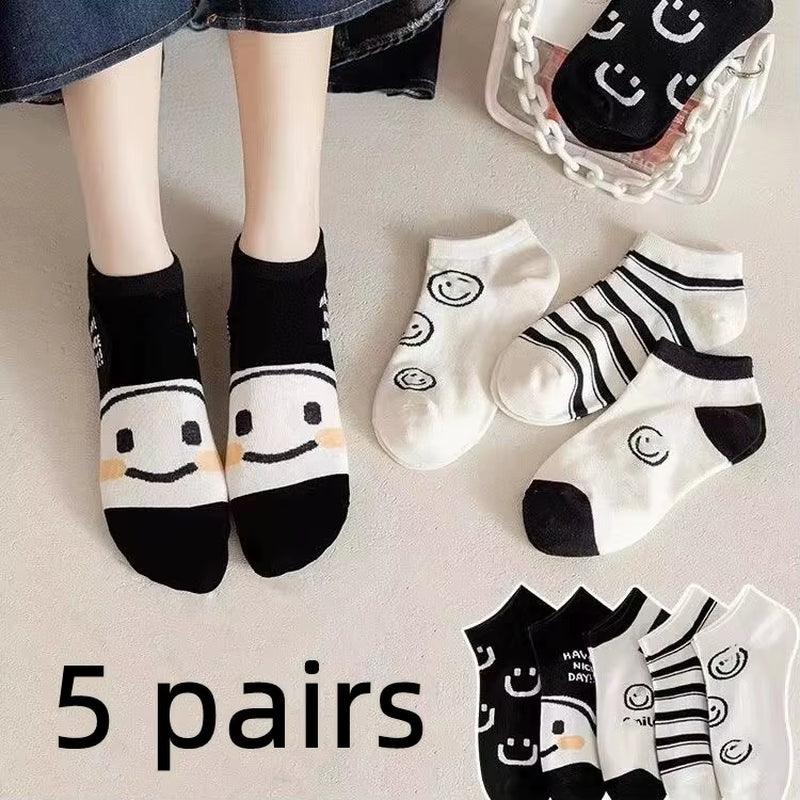 5 Pairs Womens Socks Lovely Cow Pattern Short Socks Creative Printing Socks Ankle Sock