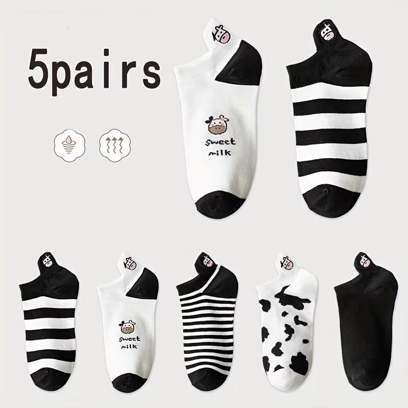 5 Pairs Womens Socks Lovely Cow Pattern Short Socks Creative Printing Socks Ankle Sock